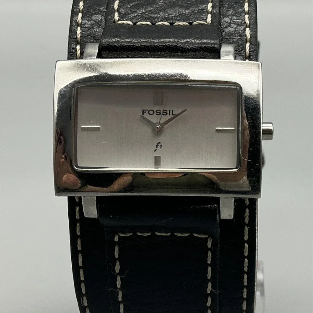 Fossil F2 Womens Watch 34mm Silver Tone Black Leather Bund Strap New Battery